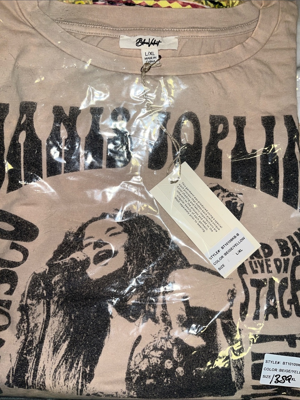 🦋BlueVelvet L/XL Graphic Janis Joplin Yellow/Beige Striped Kimono Sleeves BV001 - Picture 3 of 4